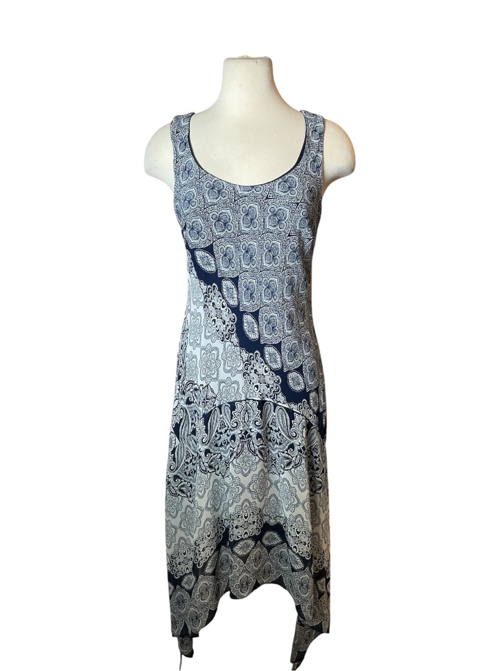 Vintage Y2K Robbie Bee Blue Paisley Asymmetrical Sleeveless Dress